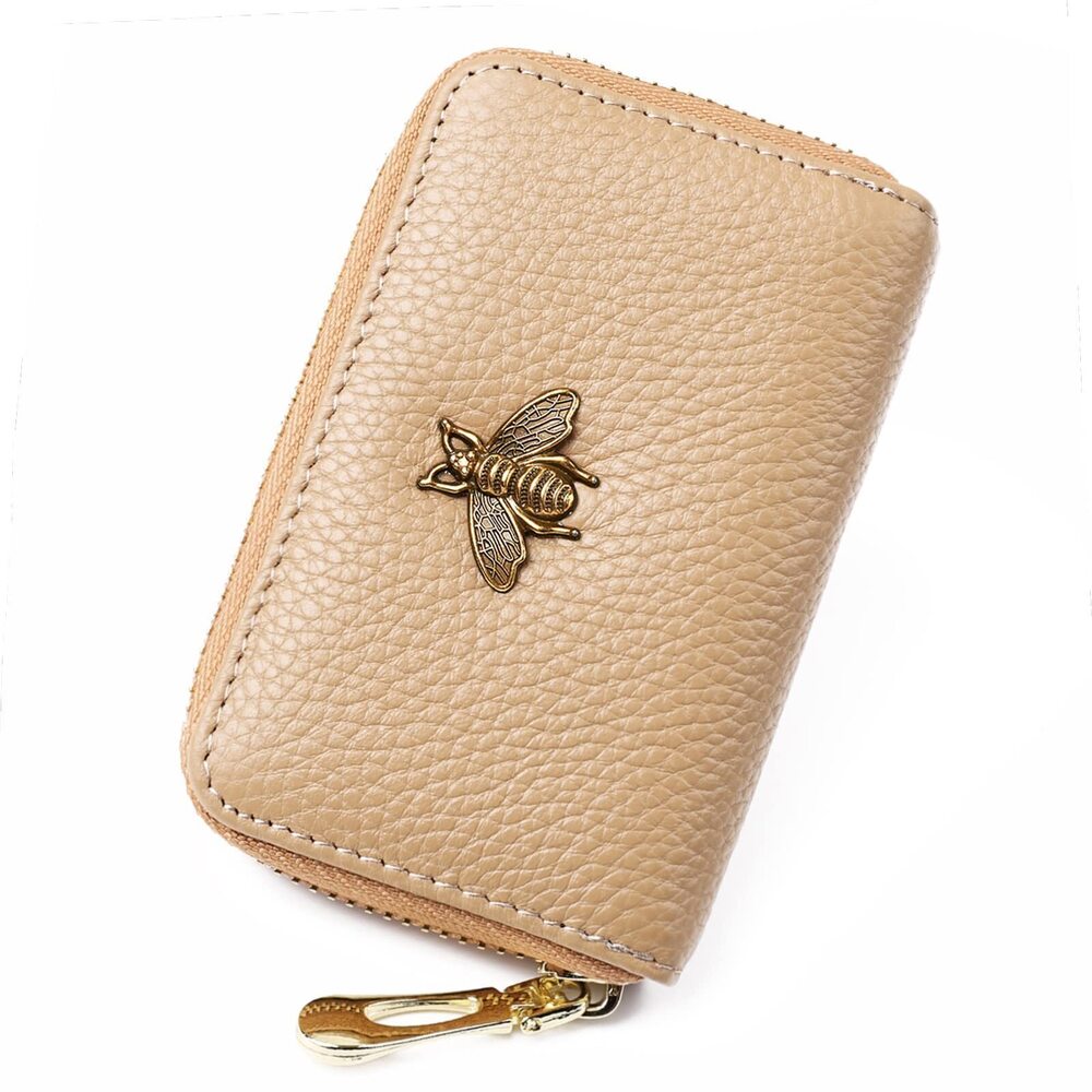 8766 RFID Credit Card Holder, Small Leather Zipper Card Case Wallet